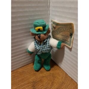 Russ Tiny Teddies Teddy Bear Miniature Green Dress Bonnet Fully Jointed 3"